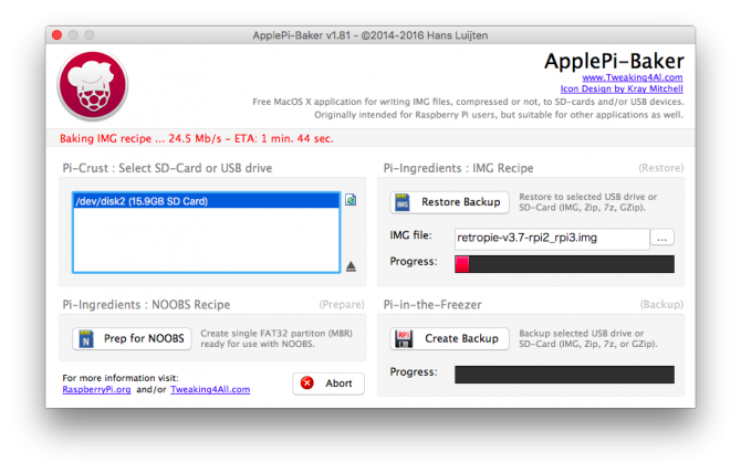Apple PI Bakerの画面。imgファイルを選択してRestoreする。 